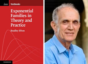 The red cover of the book Exponential Families in Theory and Practice with its author, Bradley Efron wearing a sky-blue collared shirt and standing in front of an archway on the Stanford campus