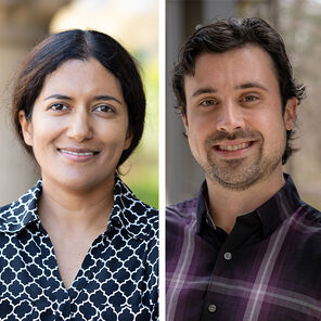 Hemamala Karunadasa wearing a navy-blue blouse with a white geometric pattern and Kurt Lindquist wearing a button-down purple plaid shirt