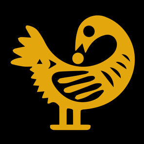 Golden bird with body facing forward and head facing backward to pick up an egg