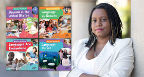 Four book covers from the children's series Words in My World to the left of a photo of author Nandi Sims