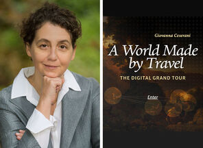 Image of Giovanna Ceserani next to an image of the cover of her book A World Made by Travel