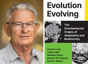 Portrait of Feldman with the cover of Evolution Evolving