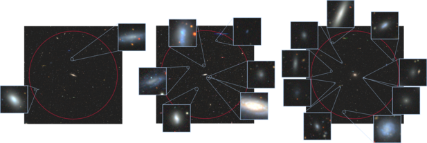 Image of three Milky Way-like galaxies and their systems of satellite galaxies. The SAGA survey identified two, six, and nine small satellite galaxies in these three systems respectively. 