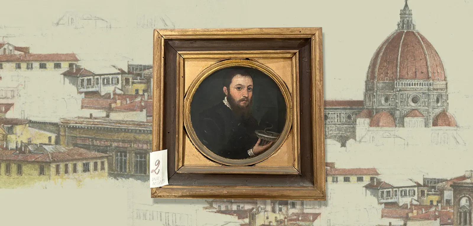 A framed Renaissance portrait atop drawings of an Italian city