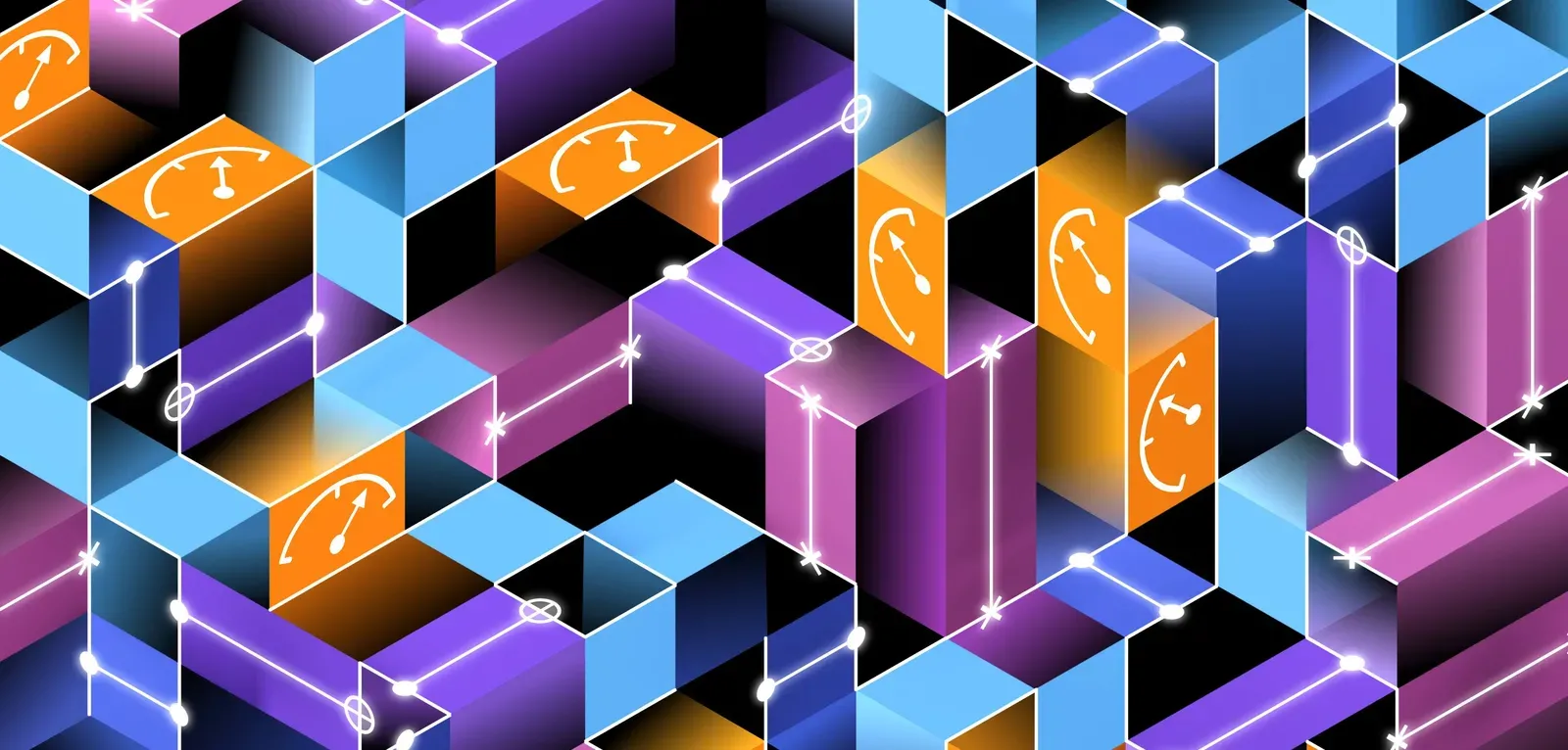 An artistic representation of how measurements can fundamentally change the structure of quantum information in space-time. In this illustration, rectangles represent qubits in a quantum system where the colors purple, orange, turquoise, and dark blue with glowing lines and half-dial symbols represent quantum information phases and various quantum properties.