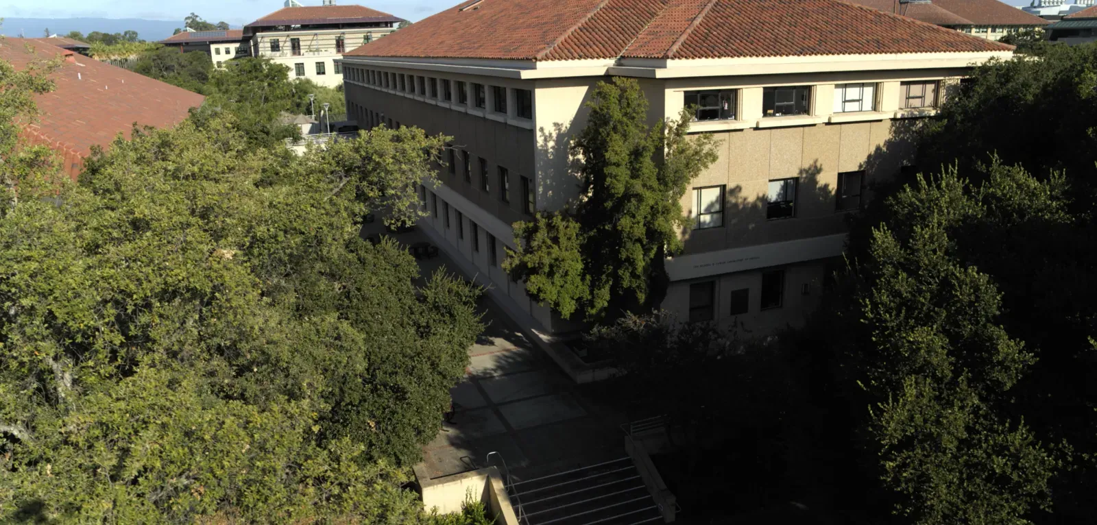 Aerial view of the Varian Physics building