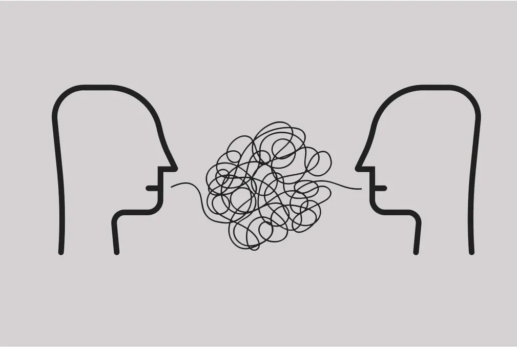 Two human heads facing one another with a thread coming from each mouth tied in knots in the space between them