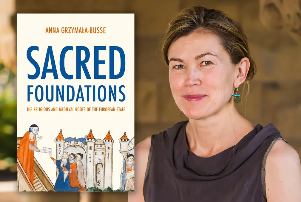 The cover of the book Sacred Foundations alongside a photo of its author, Anna Grzymala-Busse