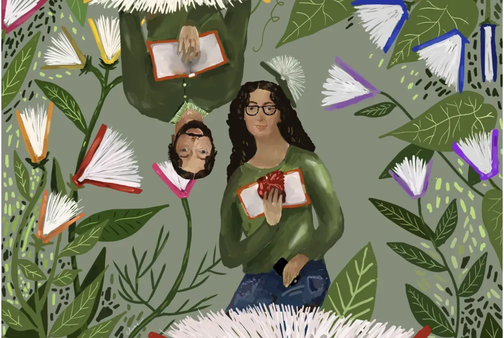 Drawing of a woman reading a book in a garden where the blooms on the flowers are open books. There is also a man reading a book who is upside-down.