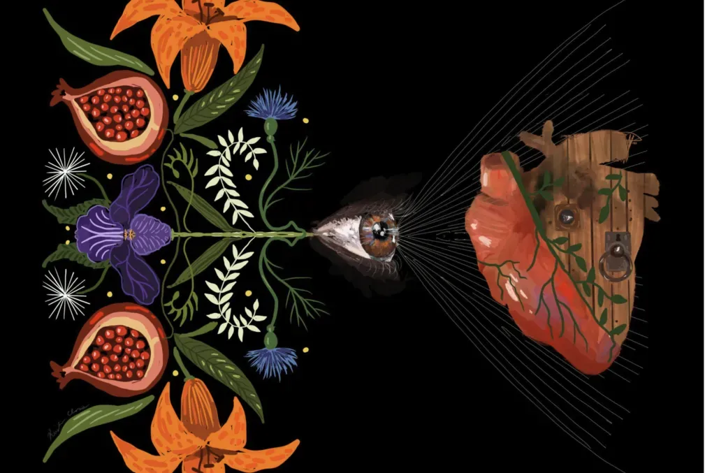 Art illustration on a black background with a flowers connected to a side view of a real brown eye looking to the right at a heart organ that is half red with veins and half wooden with a door knocker in the middle