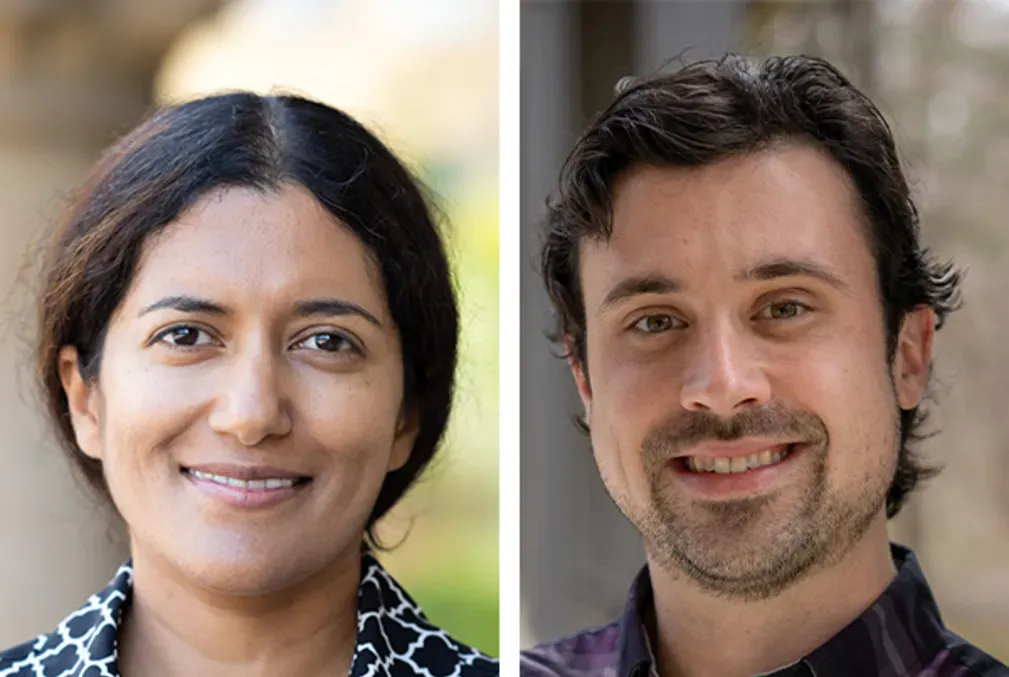 Hemamala Karunadasa wearing a navy-blue blouse with a white geometric pattern and Kurt Lindquist wearing a button-down purple plaid shirt