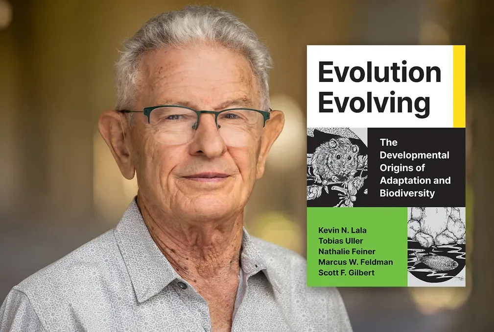 Portrait of Marcus Feldman with cover of Evolution Evolving